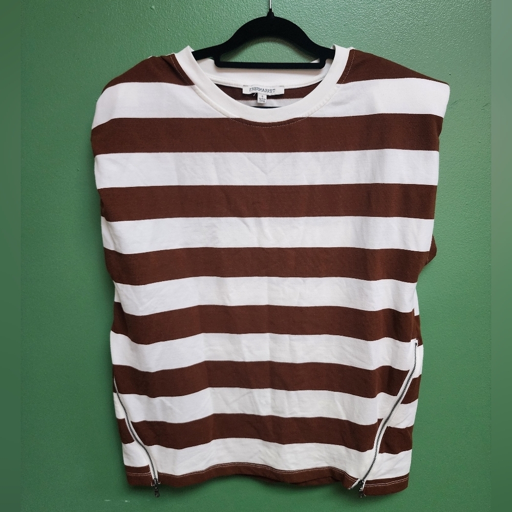 Freemarket Brown & White Striped Zip-Hem Sleeveless Top Size Small